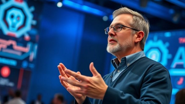 Conference speaker on future of work with AI, digital backdrop.