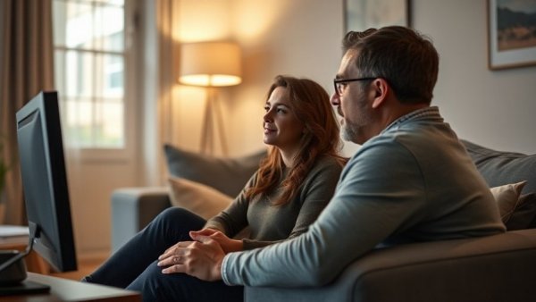 Relaxed couple watching TV at home, depicting interactiviteit in online entertainment.