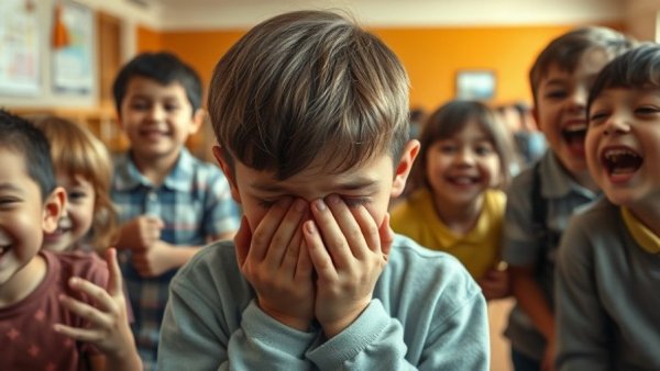 Signs of bullying in children: distressed boy surrounded by peers in school.