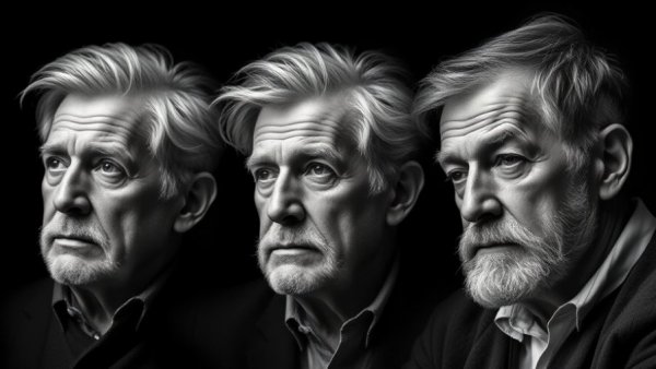 Monochrome portraits of two contemplative older men.