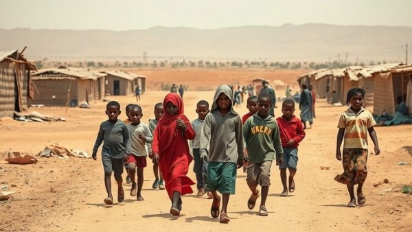 Children in Sudan refugee camp highlighting mass displacement.