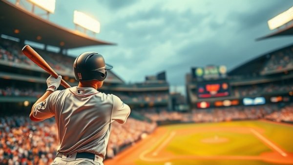 Focused baseball player holding bat in action, stadium setting.