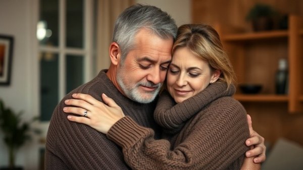 Couple embracing, evoking support and care in a cozy setting.