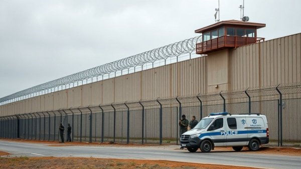 Prison with guards and Israeli police vehicle in front.