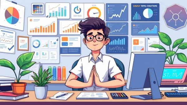 Person practicing mindfulness amidst work tasks in a cartoon setting.