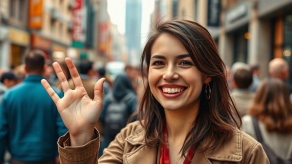 Smiling woman in a crowd, soft lighting, urban setting.