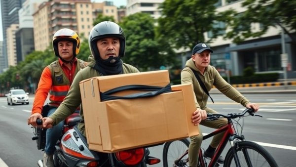 Two delivery workers navigating city streets, related to India's Four Labour Codes.