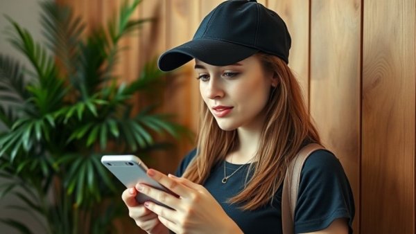 Casual woman checks phone, wooden background, bright lighting.