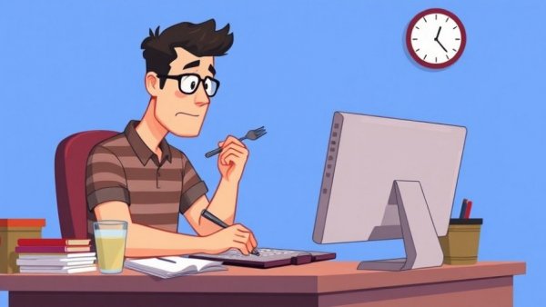 Cartoon man multitasking at desk, illustrating skipping lunch affects productivity and health