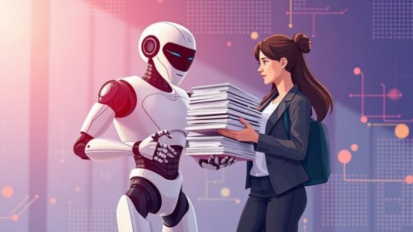 Illustration of humanoid robot and woman collaborating at work.