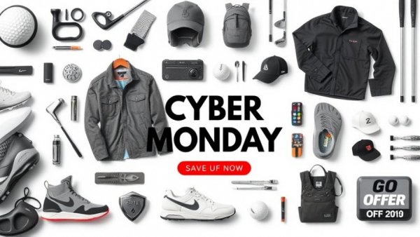 Golf apparel and equipment collage for Cyber Monday deals.