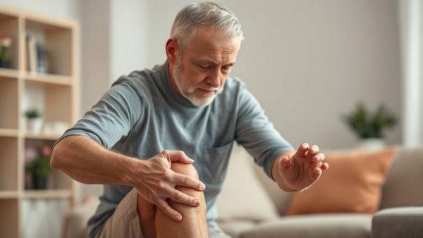 Middle-aged person with joint pain in knee indoors