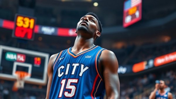 Nikola Jokic in blue jersey looking up during NBA game.