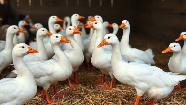 White ducks interacting in a barn, bird flu outbreak context.
