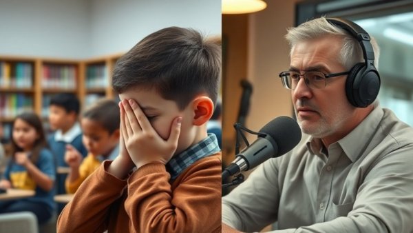 Childhood bullying confession visualized with boy and man.