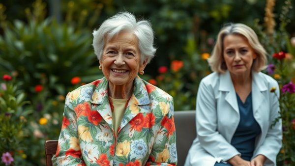 Older woman in garden with healthcare professional, Age-Related Macular Degeneration