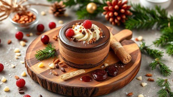 Customizable chocolate mousse dessert with festive garnishes.