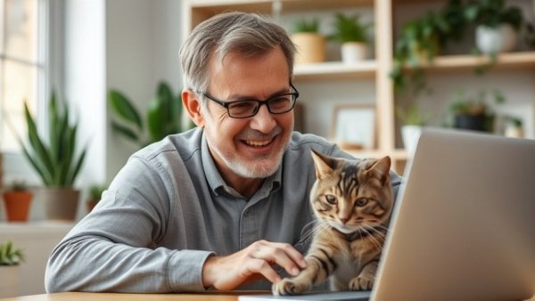 Effects of working from home on mental health: Man petting cat while working.