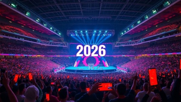 Massive crowd in stadium with illuminated 2026 sign, vibrant night scene.