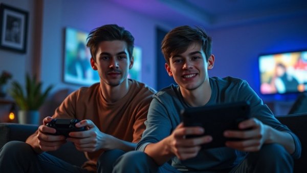 Teen boys engrossed in video games, illustrating teen video game addiction.