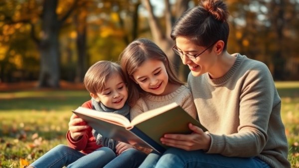 Parents teaching online safety to kids in a sunny park setting.