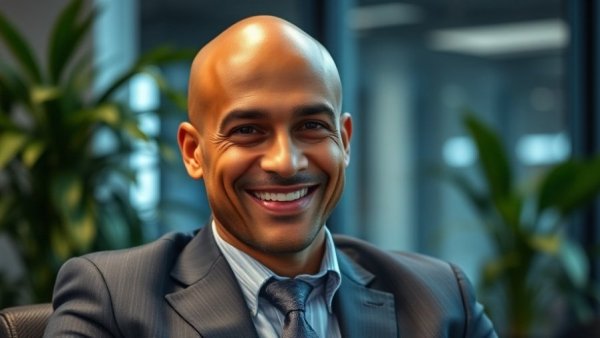 Smiling bald man, indoor office setting, work-life balance.