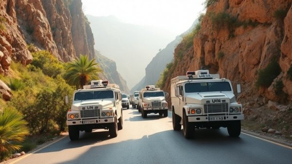 UN armored convoy on narrow road in Lebanon amid rocky cliffs and greenery.