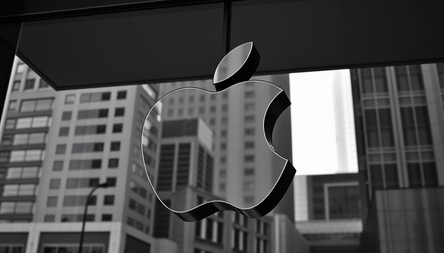 Apple logo on store reflecting city view, symbolizing investment plans.