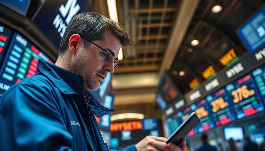 Impact of tariffs on stock market depicted on trading floor.