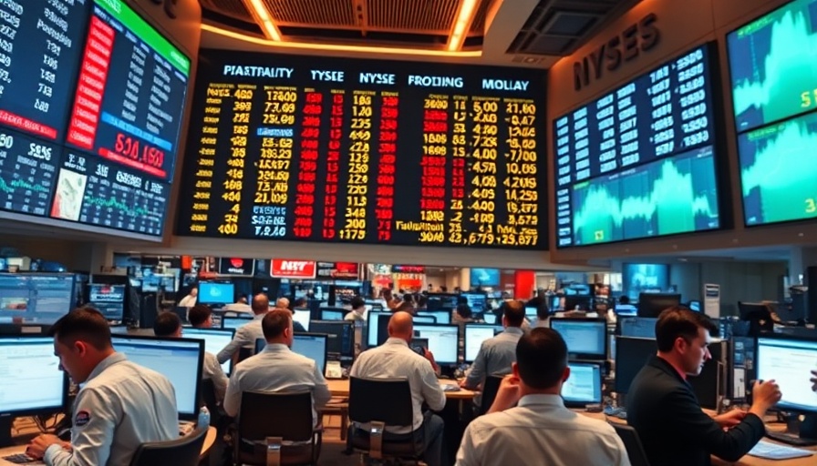 Current stock market trends in a trading floor with displays.