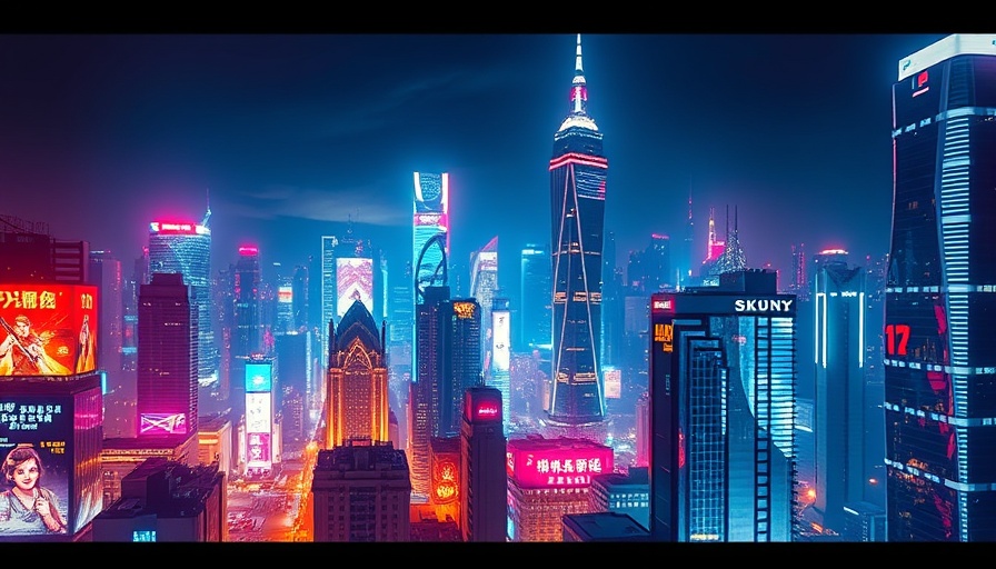 Futuristic city skyline at night with digital overlays.