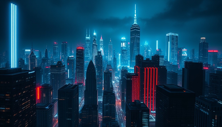 Digital cityscape with glowing city skyline and vibrant lights.