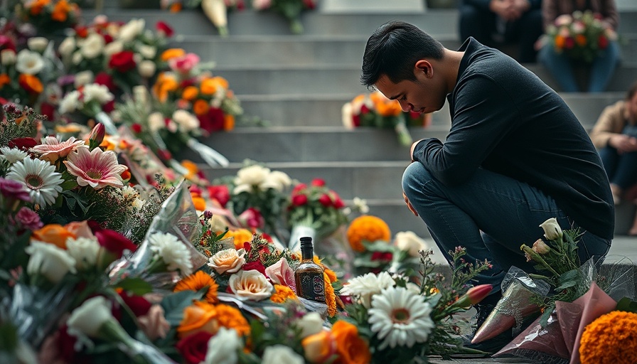 Mourning individual kneels before flowers in memory of violence against healthcare workers.