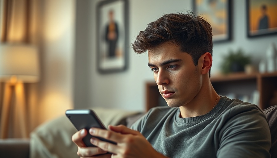 Focused young man contemplating smartphone, capturing aliveness of new baby messages.