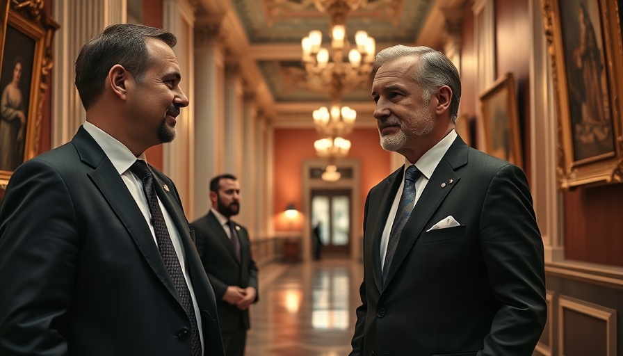 Men in suits conversing in a grand hallway, Political Engagement Avoidance setting.