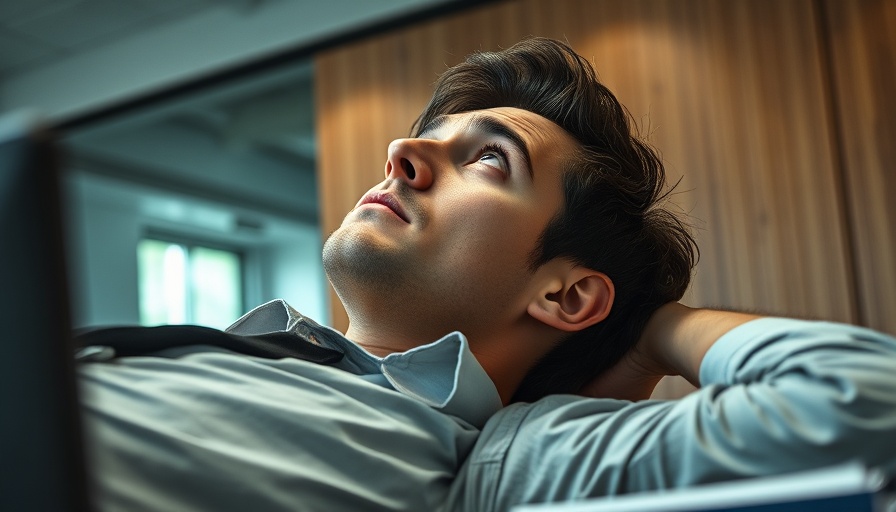 Frustrated businessman lying on a desk in modern office, reflecting on improving workplace communication.