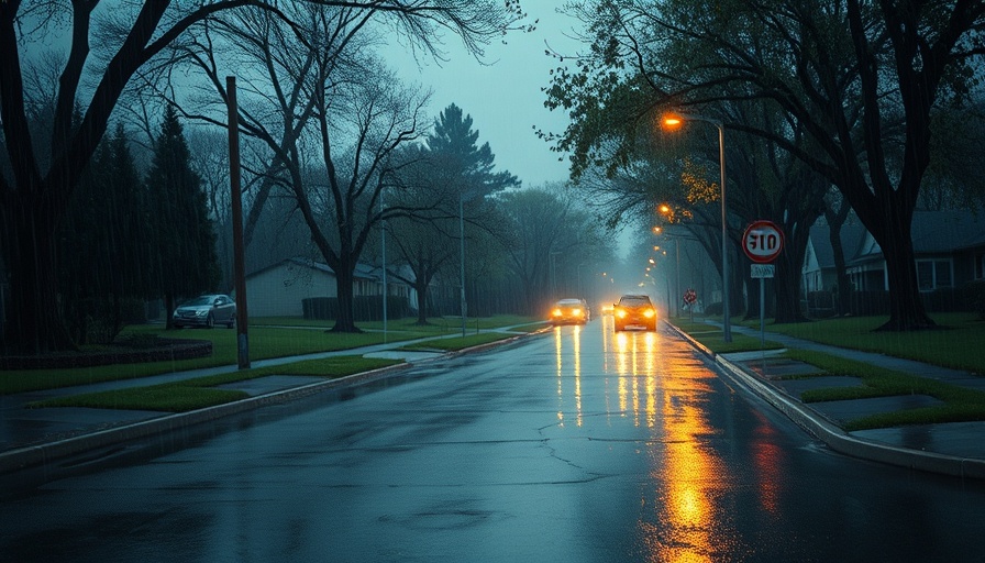 Peaceful rainy street scene at dusk with reflections on the road.