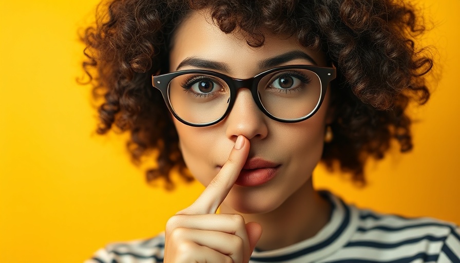 Close-up of woman in glasses signaling quiet with finger on lips.