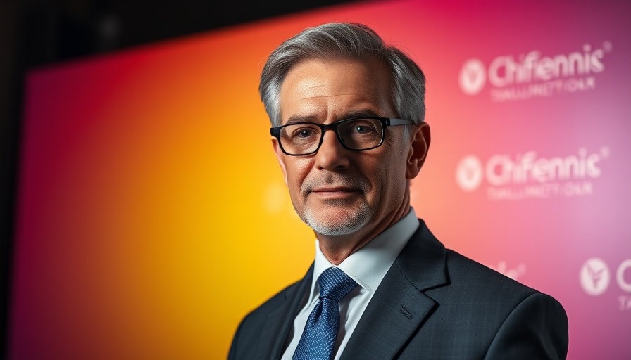 Confident man in formal attire at event with colorful background representing AI and advertising.