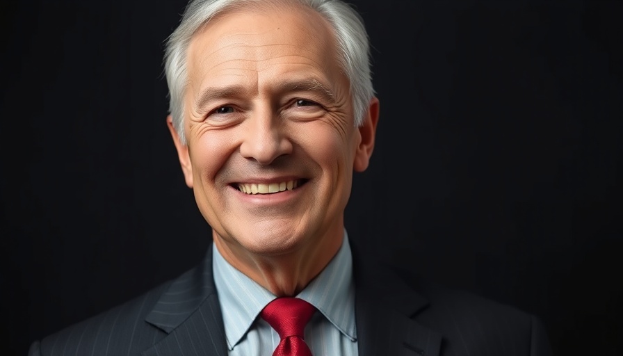 Portrait of older man smiling in suit and red tie.