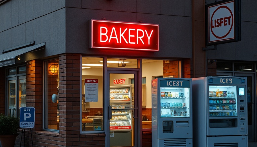 Bakery storefront with neon sign and ICE machine in shopping plaza.