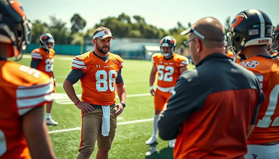 Coach giving instructions on a football field.