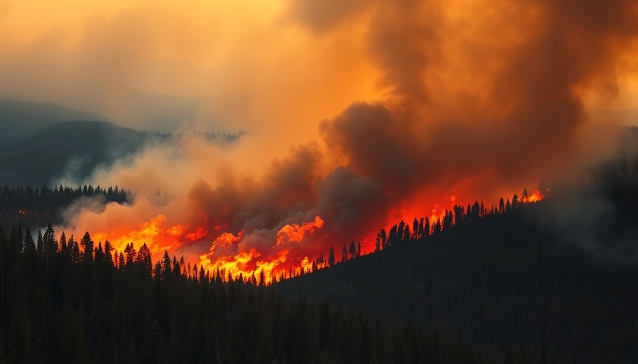 Intense wildfire in forest landscape; Texas Panhandle wildfire recovery.