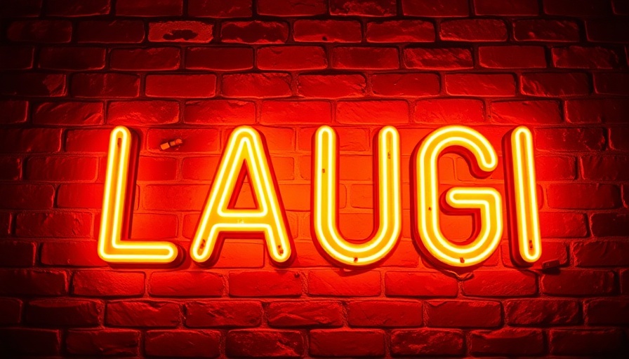 Vibrant neon 'LAUGH' sign against brick wall, humor in advertising.