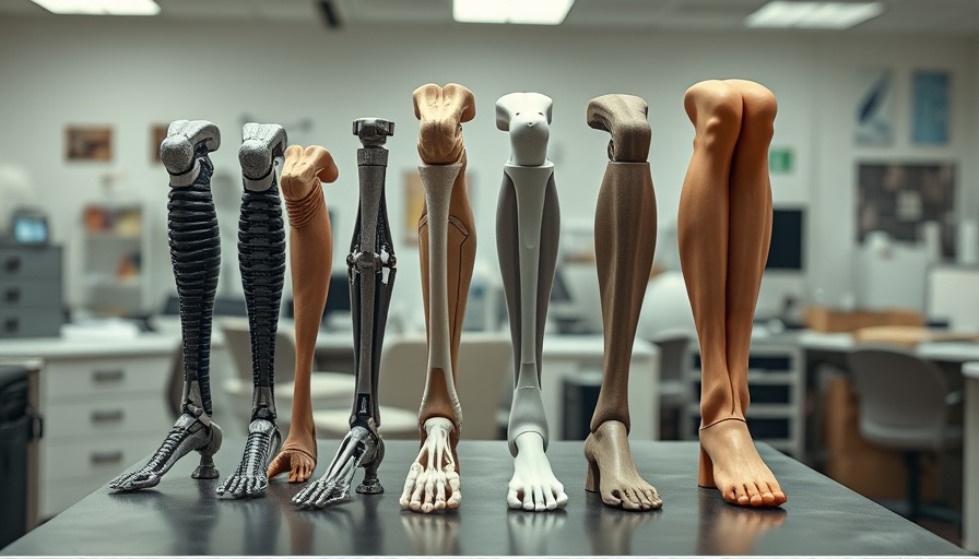 Prosthetic legs in a medical lab, showcasing designs.