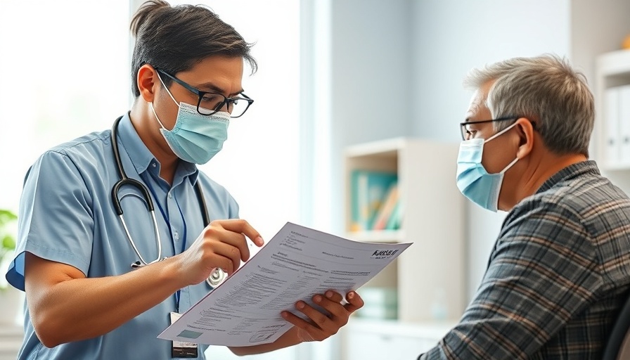 Doctor explaining chikungunya vaccine information to a patient in clinic.