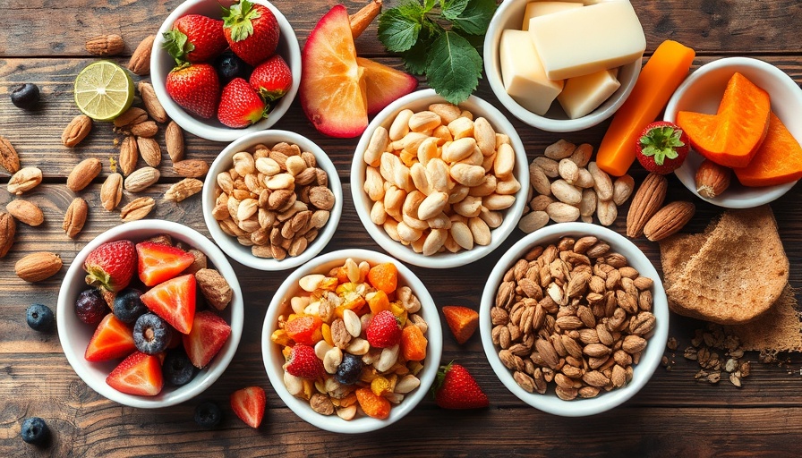 Colorful fruits and nuts in bowls for fiber and cancer prevention.