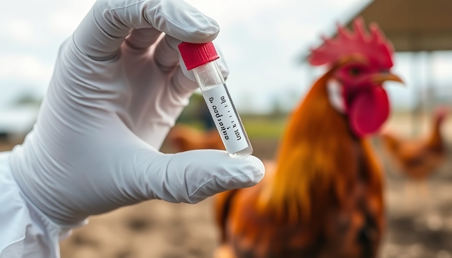 Gloved hand holding bird flu test tube with chicken, bird flu prevention.