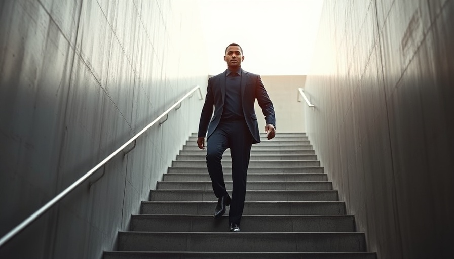 Businessman ascending stairs symbolizing FinTech-Bank Convergence.