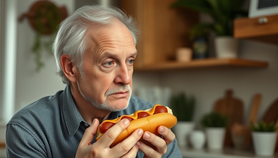 Reflective older man holding hot dog in kitchen, emotional support in relationships.